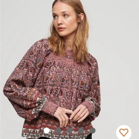 NWOT Superdry Smocked Long Sleeve Peasant Top Size 4 Mixed Print - Picture 2 of 9